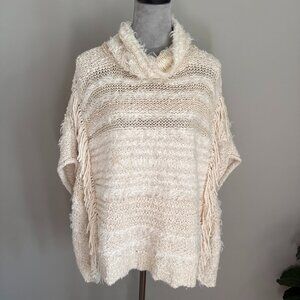 Anthropologie Marilyn Ivory Fringed Boho Cowl Oversized Knit Poncho Sweater M/L